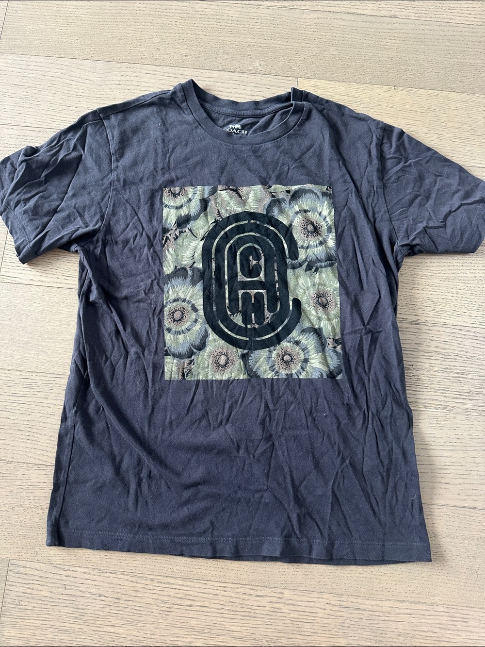 Coach Black Short-Sleeve Tee with Floral Logo Panel